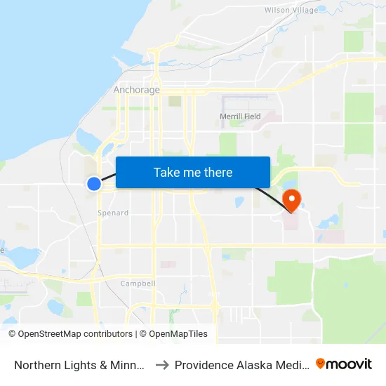 Northern Lights & Minnesota Wnw to Providence Alaska Medical Center map