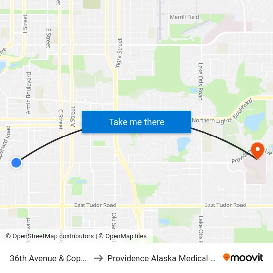 36th Avenue & Cope Ese to Providence Alaska Medical Center map