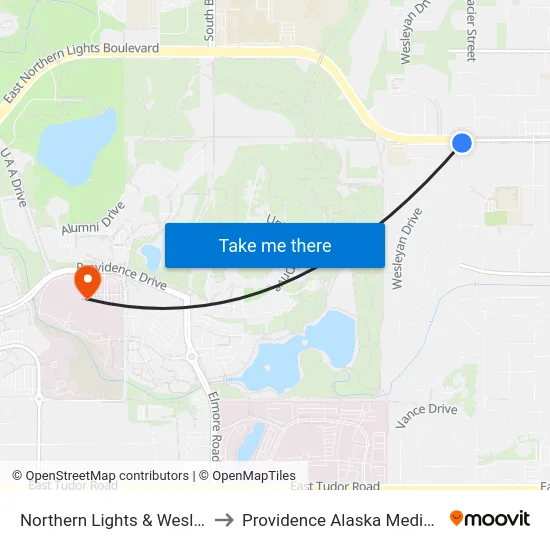 Northern Lights & Wesleyan Ese to Providence Alaska Medical Center map