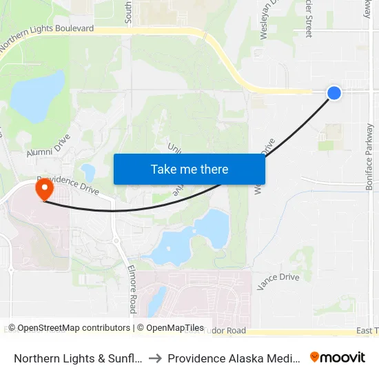 Northern Lights & Sunflower Ese to Providence Alaska Medical Center map