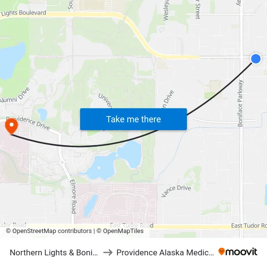 Northern Lights & Boniface Ese to Providence Alaska Medical Center map