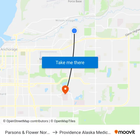 Parsons & Flower North Wnw to Providence Alaska Medical Center map