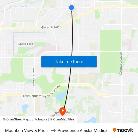 Mountain View & Price Wnw to Providence Alaska Medical Center map