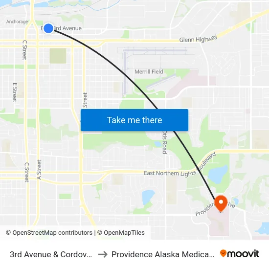 3rd Avenue & Cordova Wnw to Providence Alaska Medical Center map