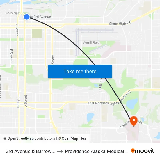 3rd Avenue & Barrow Wnw to Providence Alaska Medical Center map