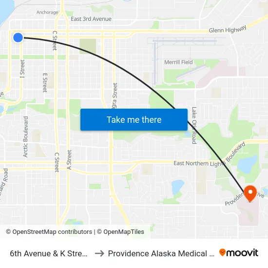 6th Avenue & K Street Ese to Providence Alaska Medical Center map