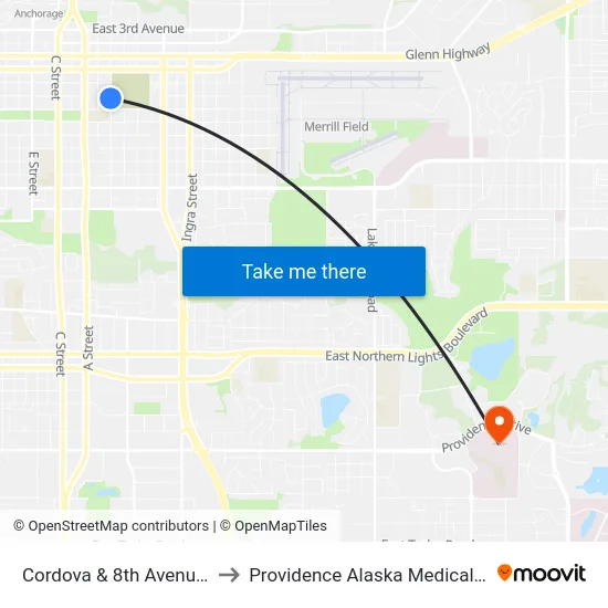 Cordova & 8th Avenue Ssw to Providence Alaska Medical Center map