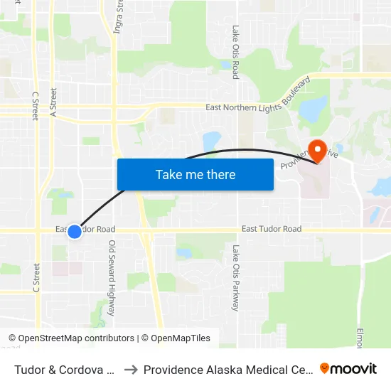 Tudor & Cordova Ese to Providence Alaska Medical Center map