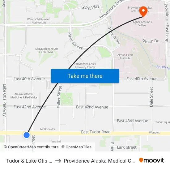 Tudor & Lake Otis Ese to Providence Alaska Medical Center map