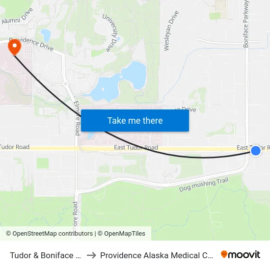 Tudor & Boniface Ese to Providence Alaska Medical Center map