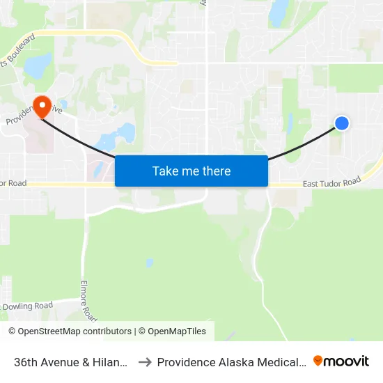 36th Avenue & Hiland Wnw to Providence Alaska Medical Center map