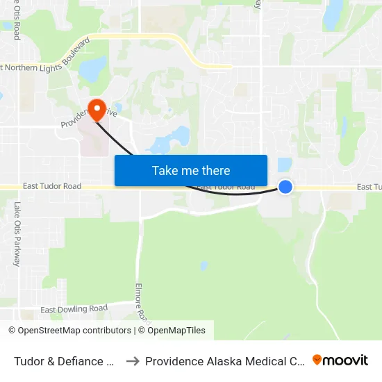 Tudor & Defiance Wnw to Providence Alaska Medical Center map