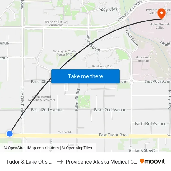Tudor & Lake Otis Wnw to Providence Alaska Medical Center map
