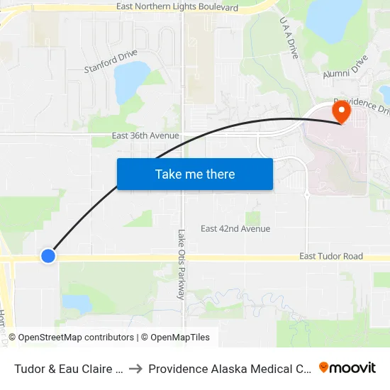 Tudor & Eau Claire Ene to Providence Alaska Medical Center map