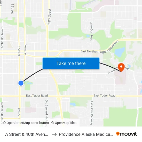 A Street & 40th Avenue Nne to Providence Alaska Medical Center map
