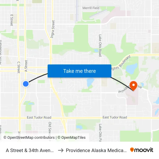 A Street & 34th Avenue Nne to Providence Alaska Medical Center map