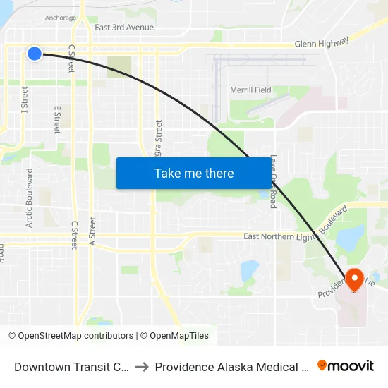 Downtown Transit Center to Providence Alaska Medical Center map