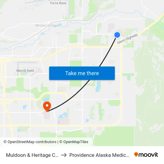 Muldoon & Heritage Ctr Wnw to Providence Alaska Medical Center map