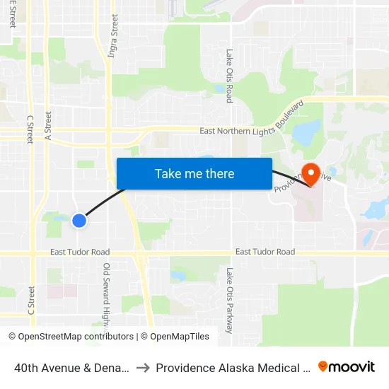 40th Avenue & Denali Ene to Providence Alaska Medical Center map