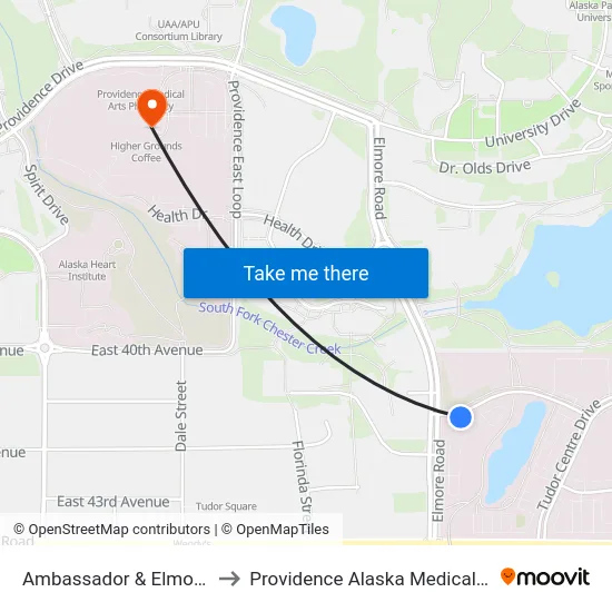 Ambassador & Elmore Ese to Providence Alaska Medical Center map