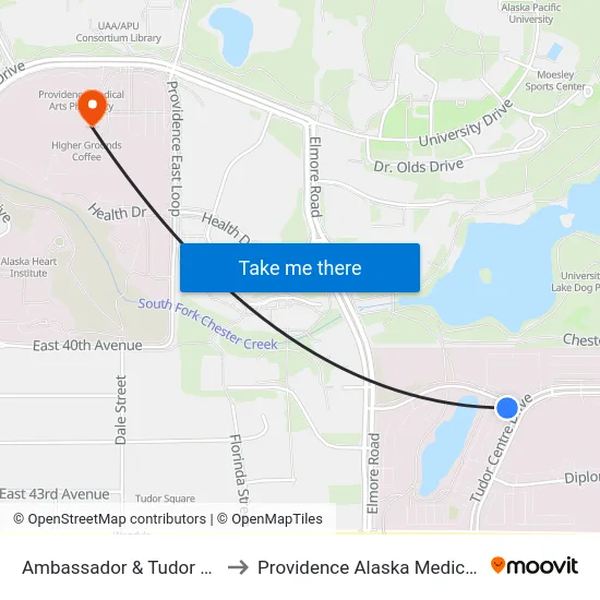 Ambassador & Tudor Ctr Wsw to Providence Alaska Medical Center map