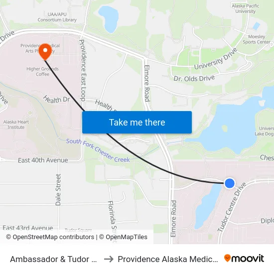 Ambassador & Tudor Ctr Wnw to Providence Alaska Medical Center map
