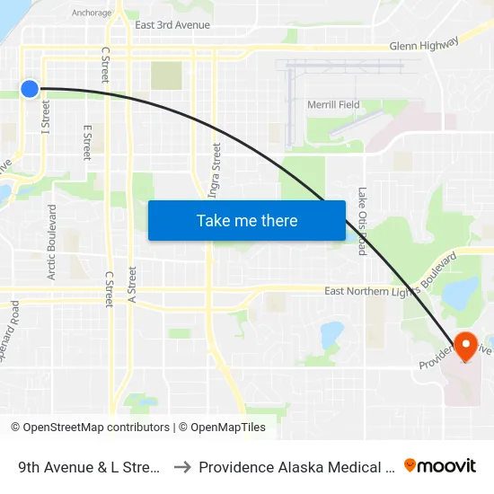 9th Avenue & L Street Ene to Providence Alaska Medical Center map