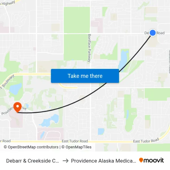 Debarr & Creekside Ctr Wnw to Providence Alaska Medical Center map