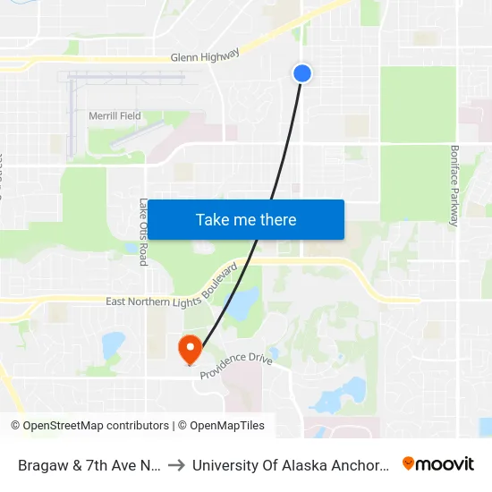 Bragaw & 7th Ave Nne to University Of Alaska Anchorage map