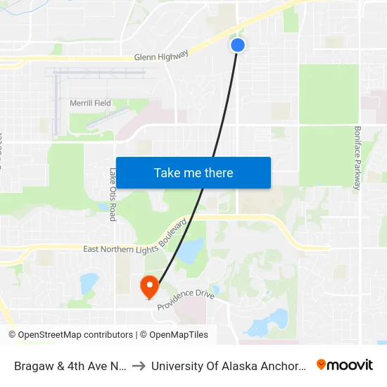 Bragaw & 4th Ave Nne to University Of Alaska Anchorage map