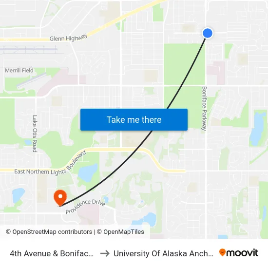4th Avenue & Boniface Ese to University Of Alaska Anchorage map