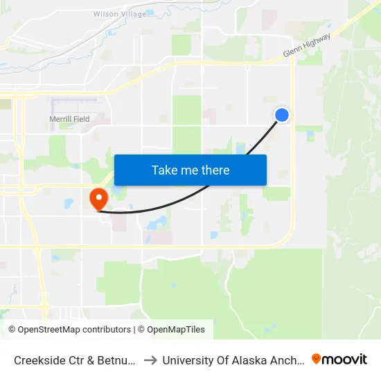 Creekside Ctr & Betnu Wsw to University Of Alaska Anchorage map