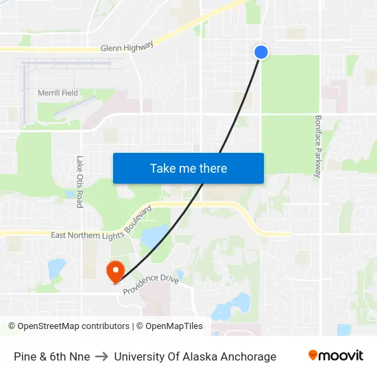 Pine & 6th Nne to University Of Alaska Anchorage map