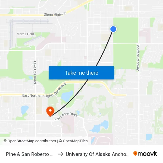 Pine & San Roberto Nne to University Of Alaska Anchorage map