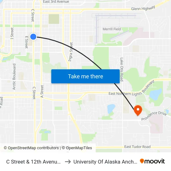 C Street & 12th Avenue Ssw to University Of Alaska Anchorage map