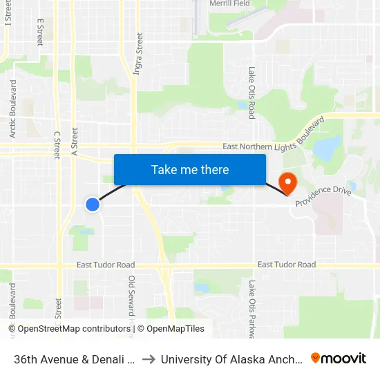 36th Avenue & Denali Wnw to University Of Alaska Anchorage map