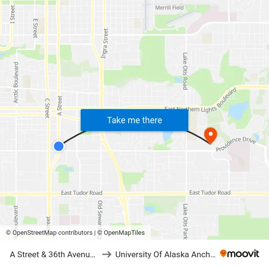 A Street & 36th Avenue Nne to University Of Alaska Anchorage map