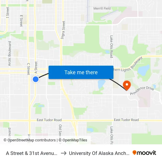 A Street & 31st Avenue Sse to University Of Alaska Anchorage map