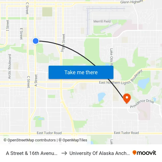 A Street & 16th Avenue Nne to University Of Alaska Anchorage map