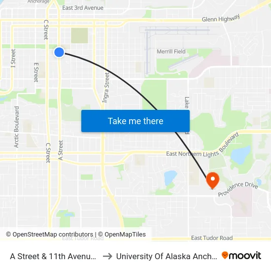 A Street & 11th Avenue Nne to University Of Alaska Anchorage map