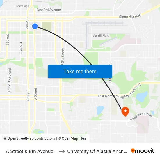 A Street & 8th Avenue Nne to University Of Alaska Anchorage map