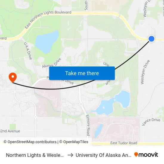 Northern Lights & Wesleyan Wnw to University Of Alaska Anchorage map