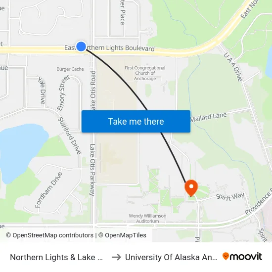 Northern Lights & Lake Otis Wnw to University Of Alaska Anchorage map