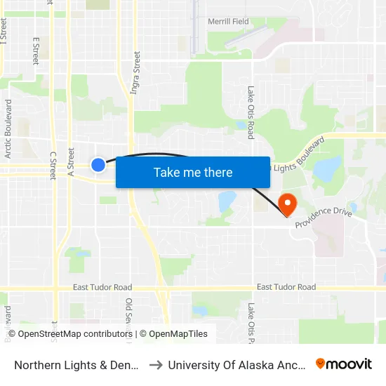 Northern Lights & Denali Ene to University Of Alaska Anchorage map