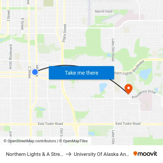 Northern Lights & A Street Wnw to University Of Alaska Anchorage map