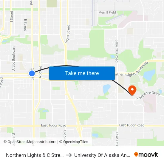 Northern Lights & C Street Wnw to University Of Alaska Anchorage map