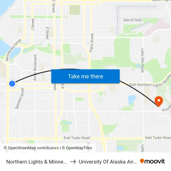 Northern Lights & Minnesota Ene to University Of Alaska Anchorage map