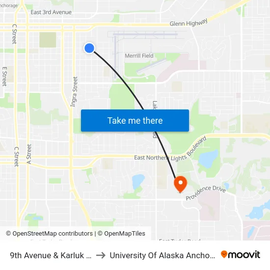 9th Avenue & Karluk Ese to University Of Alaska Anchorage map