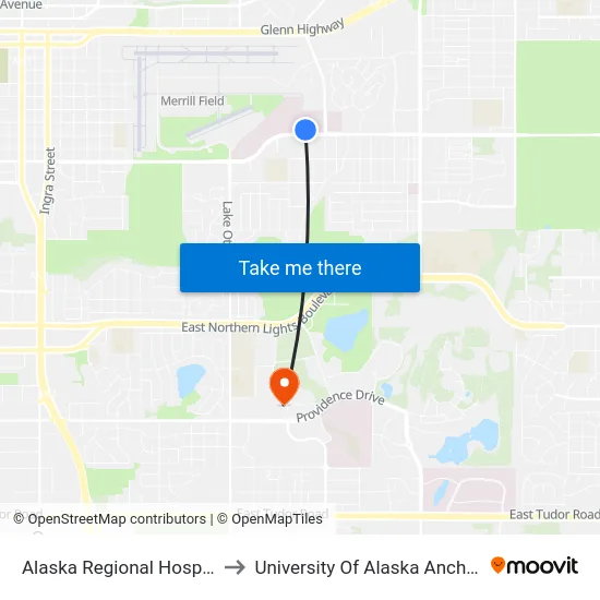 Alaska Regional Hospital S to University Of Alaska Anchorage map
