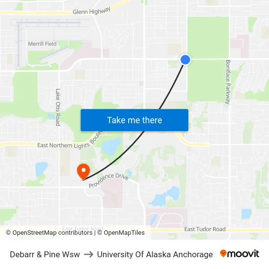 Debarr & Pine Wsw to University Of Alaska Anchorage map